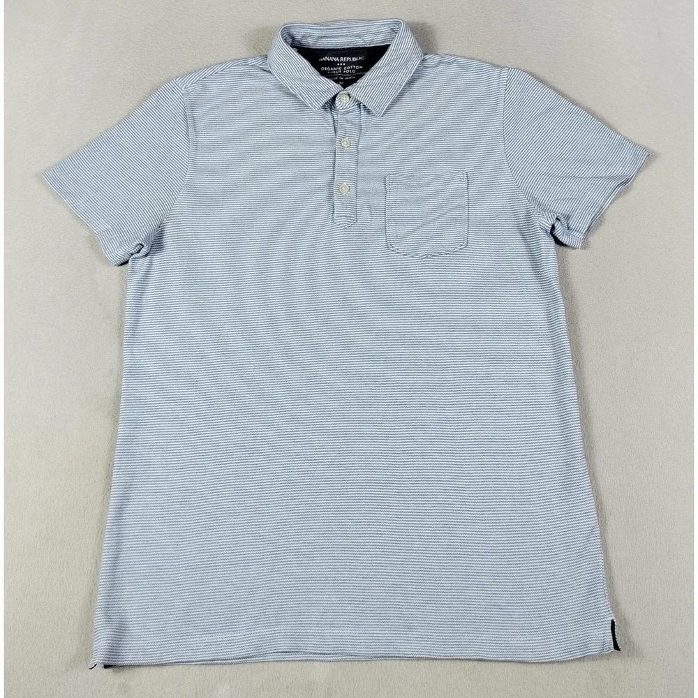 Banana Republic Polo Shirt Mens Medium Blue Stripe Organic Cotton Pique Pocket